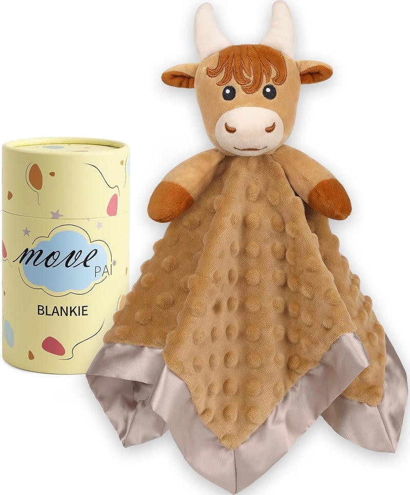 MOVEPAI Baby Security Blanket, Soft Baby Lovey Toy Blanket for Boys, Snuggle Toy Lovie Newborn Blankie, for Boy Highland Cow 16 Inch - Image 1